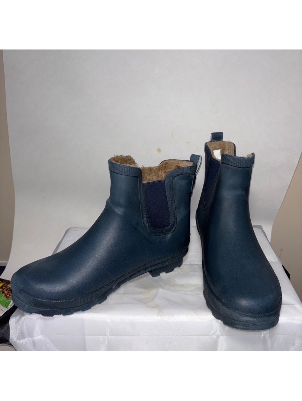 Sierra Navy Blue Waterproof Ankle Rain Boots with Faux Fur Lining